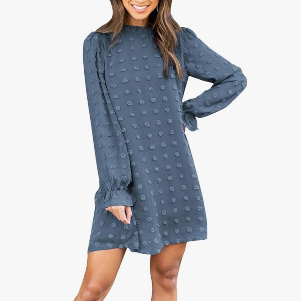 Adibosy Women blue Swiss dot Dress Long Sleeve Chiffon Short Dress